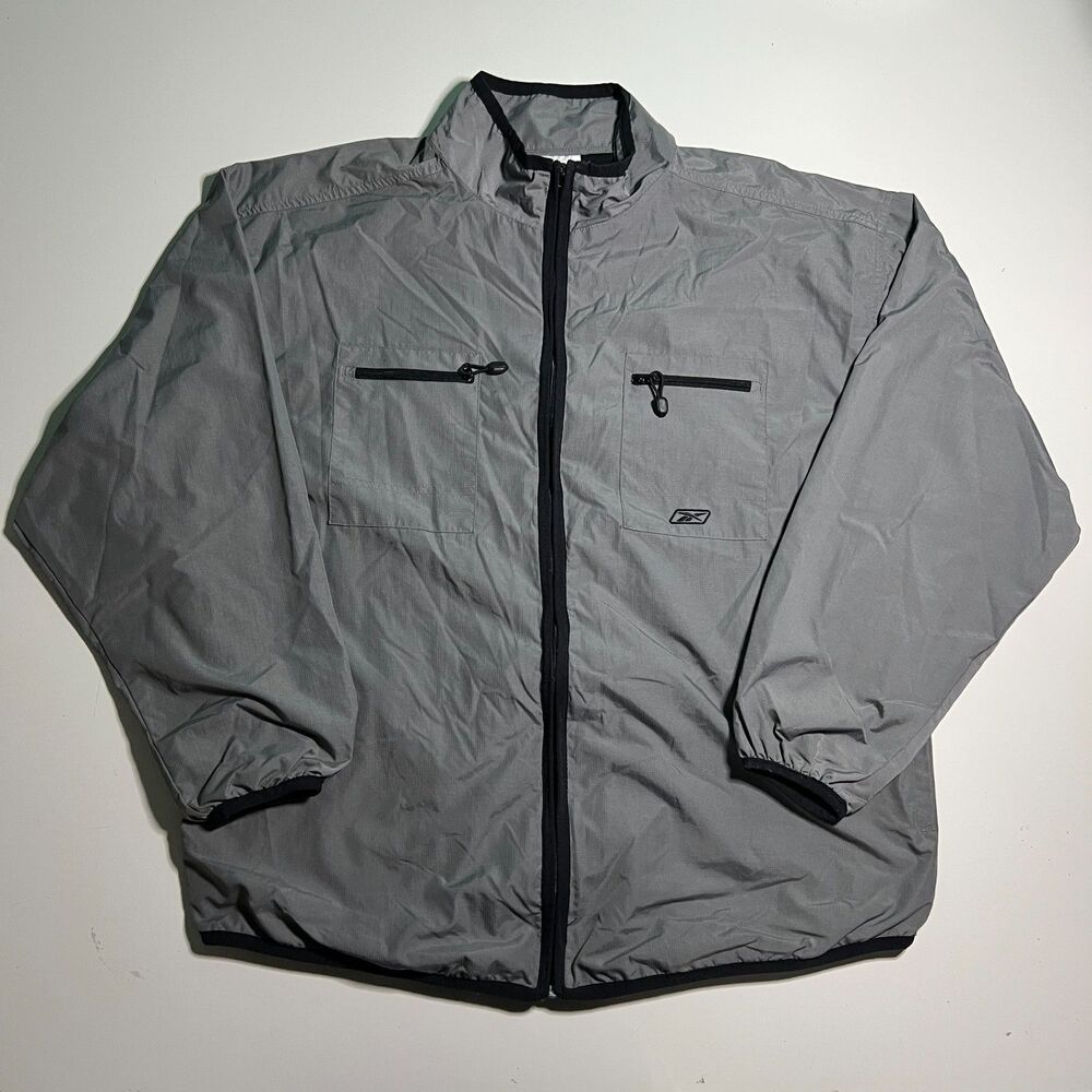 Vintage 2000s Reebok Nylon Jacket XL Grey Black Trim Zip Pockets Running Shell